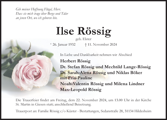 Traueranzeige von Ilse Rössig von Hildesheimer Allgemeine Zeitung