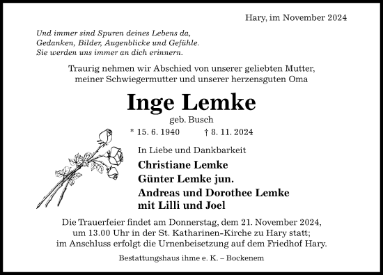 Traueranzeige von Inge Lemke von Hildesheimer Allgemeine Zeitung