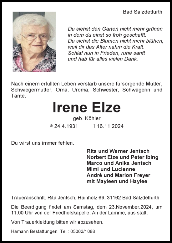 Traueranzeige von Irene Elze von Hildesheimer Allgemeine Zeitung