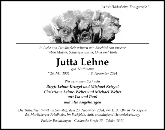 Traueranzeige von Jutta Lehne von Hildesheimer Allgemeine Zeitung