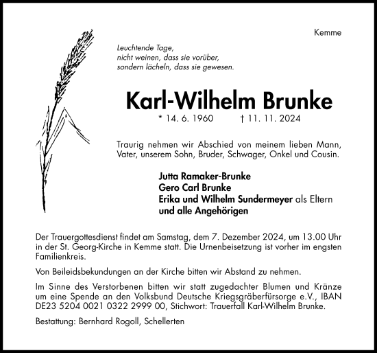 Traueranzeige von Karl-Wilhelm Brunke von Hildesheimer Allgemeine Zeitung