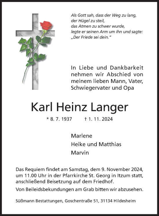 Traueranzeige von Karl Heinz Langer von Hildesheimer Allgemeine Zeitung