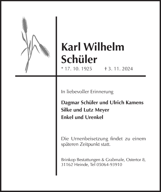 Traueranzeige von Karl Wilhelm Schüler von Hildesheimer Allgemeine Zeitung