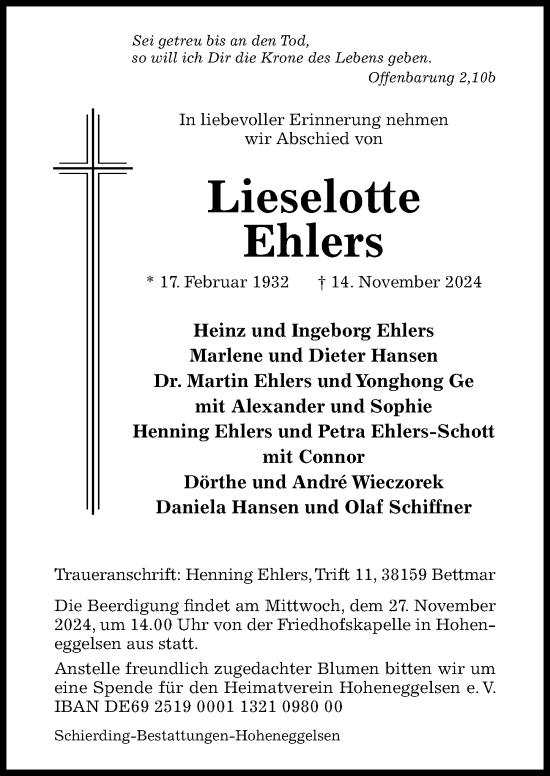 Traueranzeige von Lieselotte Ehlers von Hildesheimer Allgemeine Zeitung