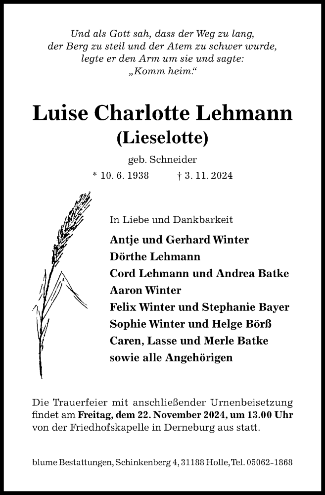  Traueranzeige für Luise Charlotte Lehmann vom 09.11.2024 aus Hildesheimer Allgemeine Zeitung