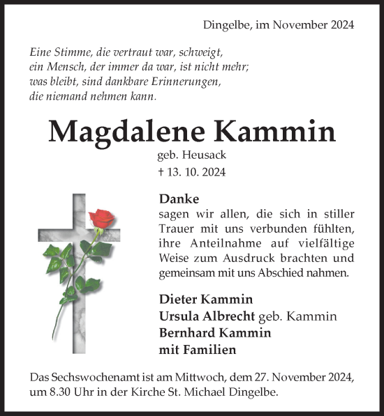 Traueranzeige von Magdalene Kammin von Hildesheimer Allgemeine Zeitung