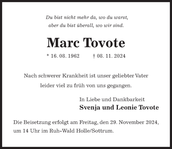 Traueranzeige von Marc Tovote von Hildesheimer Allgemeine Zeitung