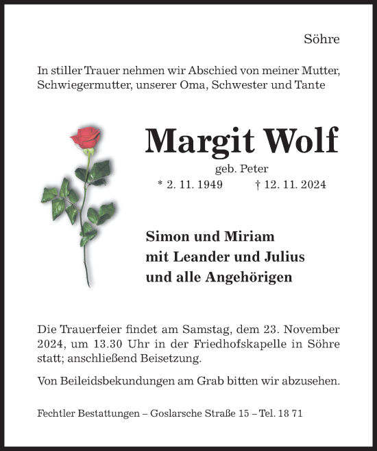 Traueranzeige von Margit Wolf von Hildesheimer Allgemeine Zeitung