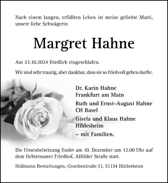 Traueranzeige von Margret Hahne von Hildesheimer Allgemeine Zeitung