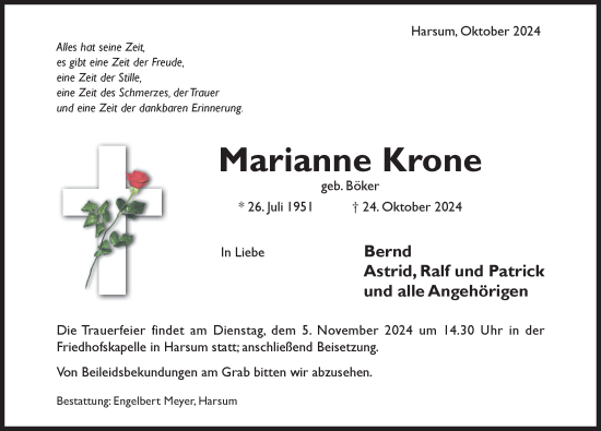 Traueranzeige von Marianne Krone von Hildesheimer Allgemeine Zeitung