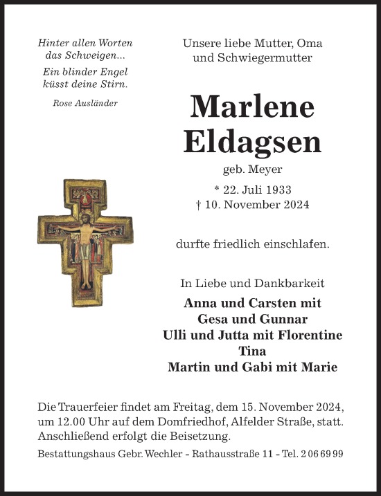 Traueranzeige von Marlene Eldagsen von Hildesheimer Allgemeine Zeitung