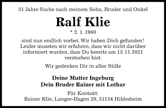 Traueranzeige von Ralf Klie von Hildesheimer Allgemeine Zeitung