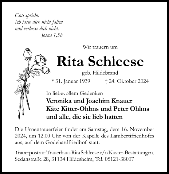 Traueranzeige von Rita Schleese von Hildesheimer Allgemeine Zeitung