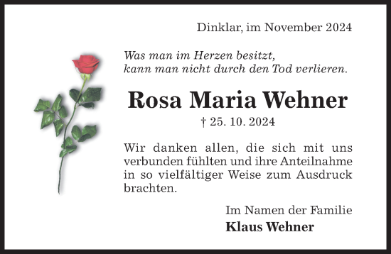 Traueranzeige von Rosa Maria Wehner von Hildesheimer Allgemeine Zeitung