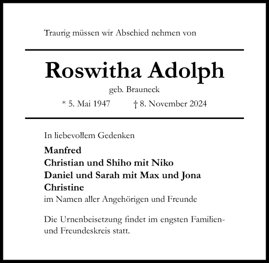 Traueranzeige von Roswitha Adolph von Hildesheimer Allgemeine Zeitung