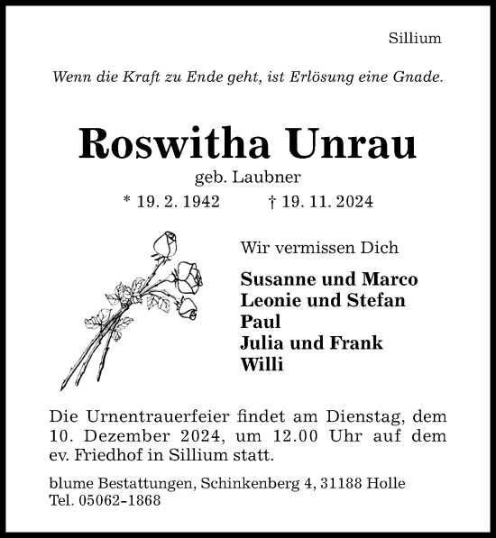 Traueranzeige von Roswitha Unrau von Hildesheimer Allgemeine Zeitung