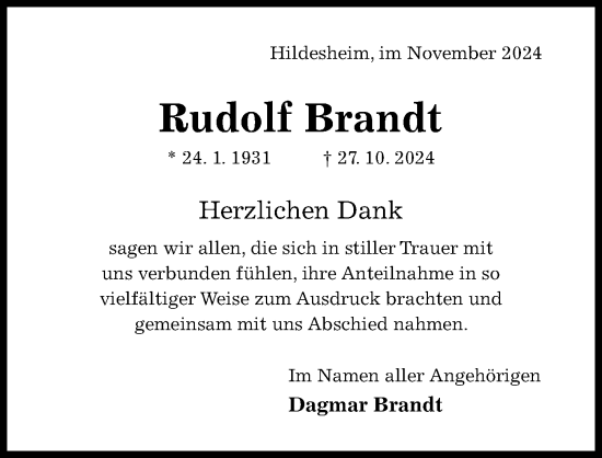 Traueranzeige von Rudolf Brandt von Hildesheimer Allgemeine Zeitung