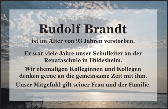 Traueranzeige von Rudolf Brandt von Hildesheimer Allgemeine Zeitung