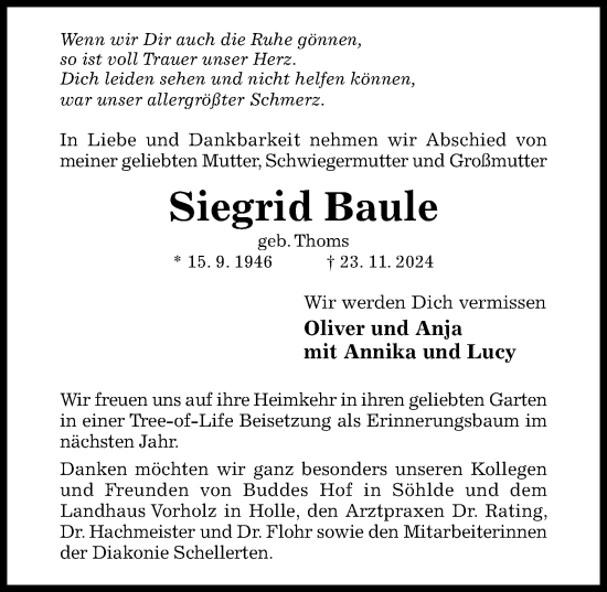 Traueranzeige von Siegrid Baule von Hildesheimer Allgemeine Zeitung
