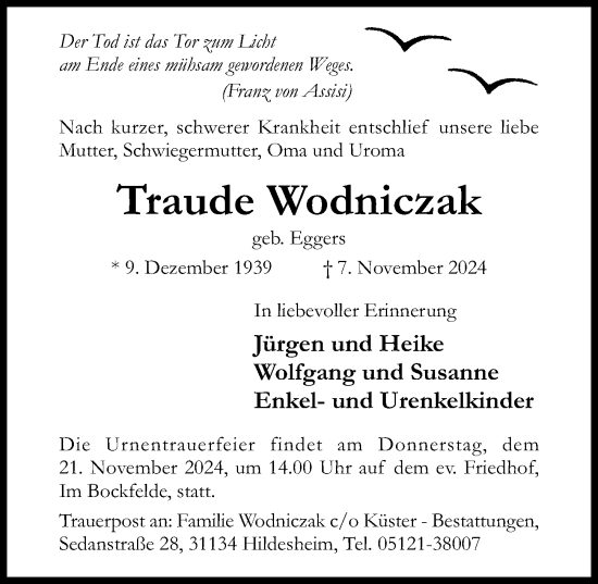 Traueranzeige von Traude Wodniczak von Hildesheimer Allgemeine Zeitung