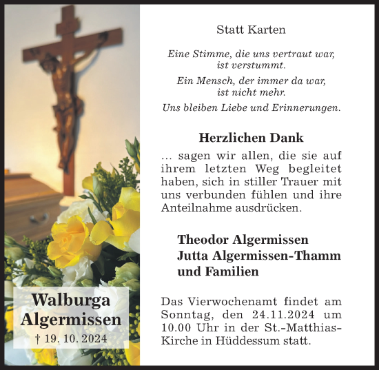 Traueranzeige von Walburga Algermissen von Hildesheimer Allgemeine Zeitung