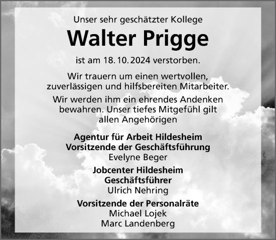 Traueranzeige von Walter Prigge von Hildesheimer Allgemeine Zeitung