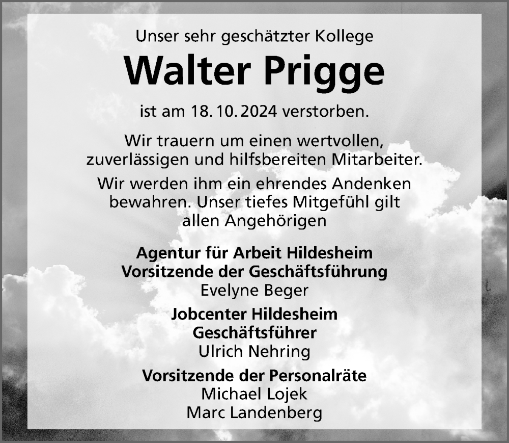  Traueranzeige für Walter Prigge vom 02.11.2024 aus Hildesheimer Allgemeine Zeitung