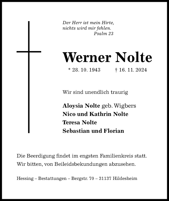 Traueranzeige von Werner Nolte von Hildesheimer Allgemeine Zeitung