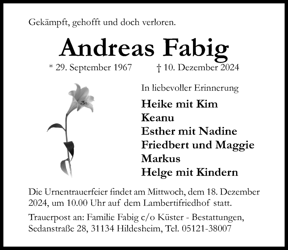  Traueranzeige für Andreas Fabig vom 14.12.2024 aus Hildesheimer Allgemeine Zeitung