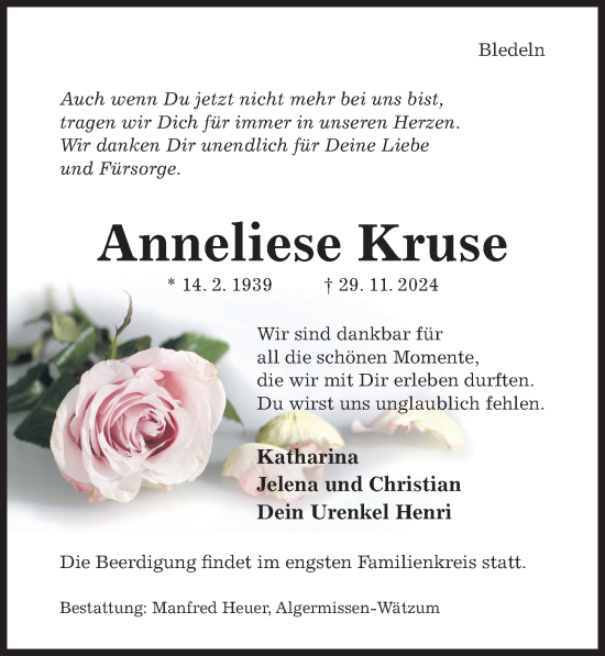 Traueranzeige von Anneliese Kruse von Hildesheimer Allgemeine Zeitung