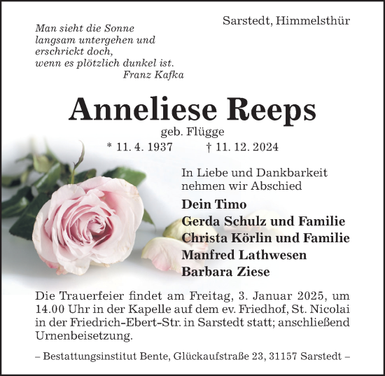 Traueranzeige von Anneliese Reeps von Hildesheimer Allgemeine Zeitung