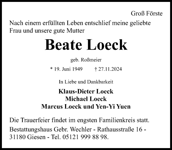 Traueranzeige von Beate Loeck von Hildesheimer Allgemeine Zeitung