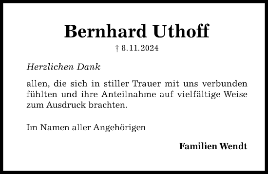 Traueranzeige von Bernhard Uthoff von Hildesheimer Allgemeine Zeitung