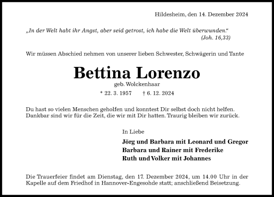 Traueranzeige von Bettina Lorenzo von Hildesheimer Allgemeine Zeitung