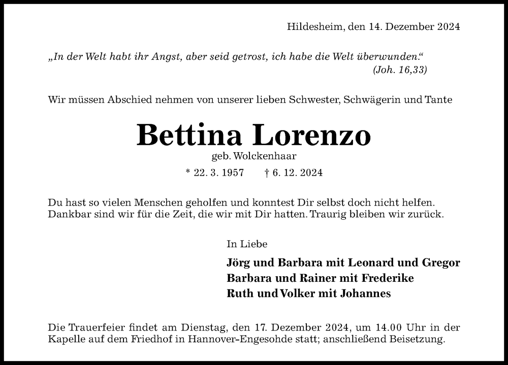  Traueranzeige für Bettina Lorenzo vom 14.12.2024 aus Hildesheimer Allgemeine Zeitung