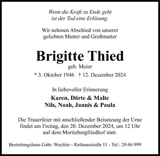 Traueranzeige von Brigitte Thied von Hildesheimer Allgemeine Zeitung