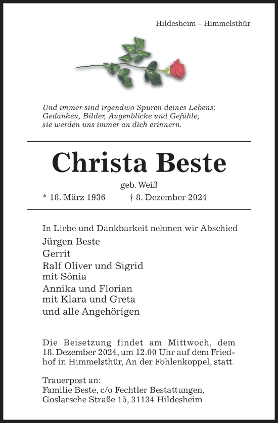 Traueranzeige von Christa Beste von Hildesheimer Allgemeine Zeitung