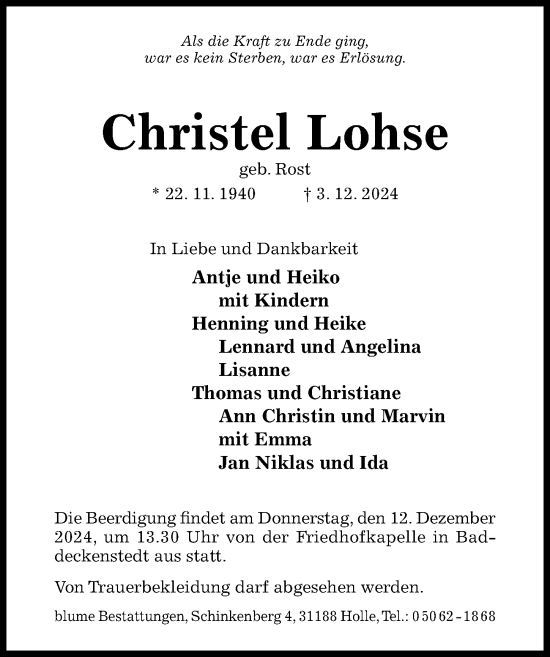 Traueranzeige von Christel Lohse von Hildesheimer Allgemeine Zeitung