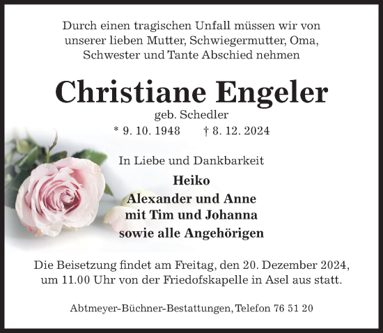 Traueranzeige von Christiane Engeler von Hildesheimer Allgemeine Zeitung