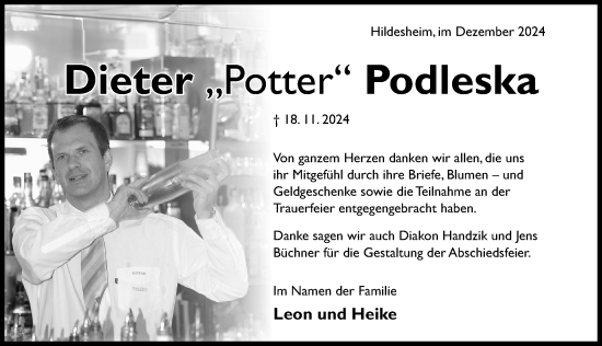 Traueranzeige von Dieter Podleska von Hildesheimer Allgemeine Zeitung