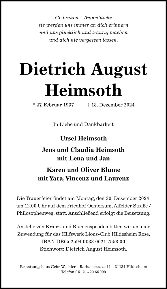  Traueranzeige für Dietrich August Heimsoth vom 21.12.2024 aus Hildesheimer Allgemeine Zeitung