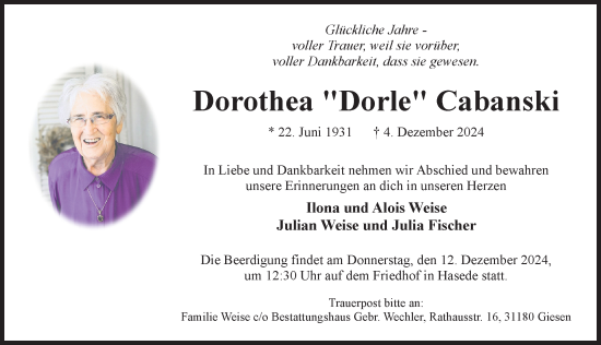 Traueranzeige von Dorothea Cabanski von Hildesheimer Allgemeine Zeitung