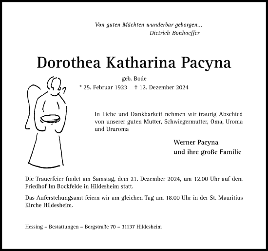 Traueranzeige von Dorothea Katharina Pacyna von Hildesheimer Allgemeine Zeitung