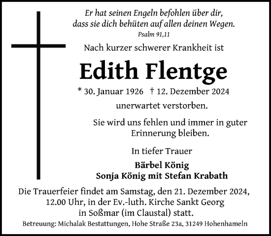 Traueranzeige von Edith Flentge von Hildesheimer Allgemeine Zeitung