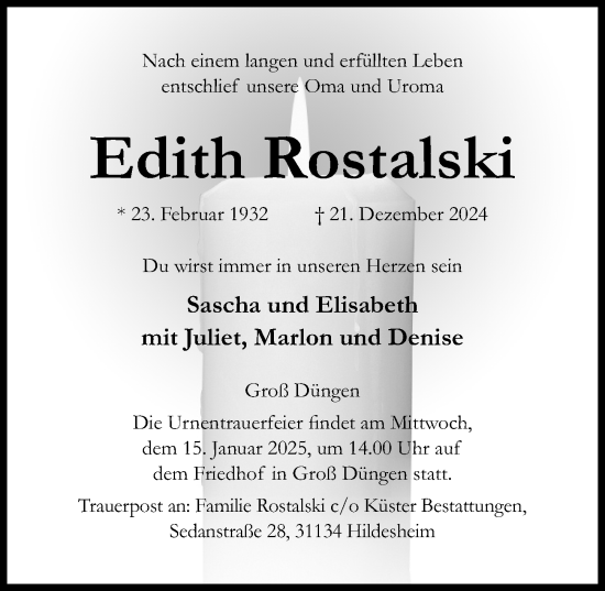 Traueranzeige von Edith Rostalski von Hildesheimer Allgemeine Zeitung