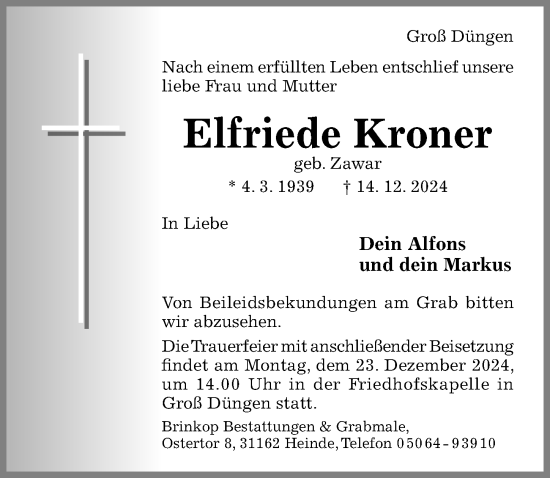 Traueranzeige von Elfriede Kroner von Hildesheimer Allgemeine Zeitung