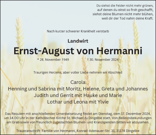 Traueranzeige von Ernst-August von Hermanni von Hildesheimer Allgemeine Zeitung