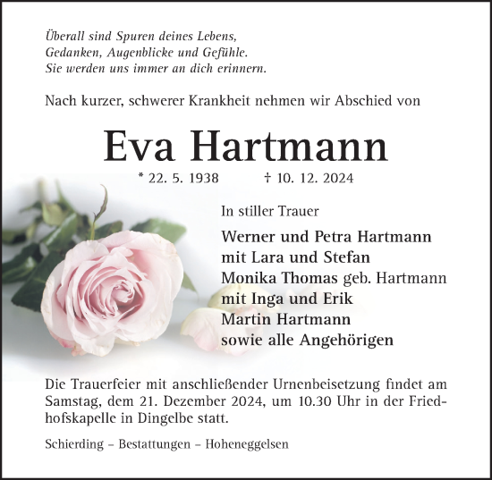 Traueranzeige von Eva Hartmann von Hildesheimer Allgemeine Zeitung