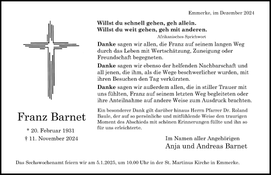 Traueranzeige von Franz Barnet von Hildesheimer Allgemeine Zeitung