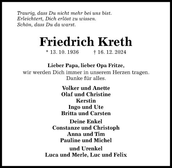 Traueranzeige von Friedrich Kreth von Hildesheimer Allgemeine Zeitung